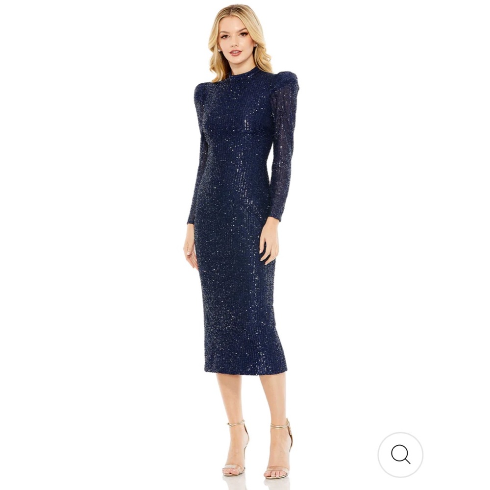 Mac Duggal Ieena 10 Midnight Blue Sequined Long Sleeve High Neck NWT Tea Length